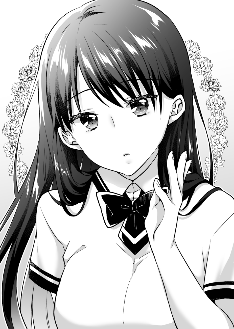 1girl bow breasts collared_shirt dress_shirt floral_background gradient_background grey_background greyscale hand_up highres ice_cream_kanojo kawai_miruku kuune_rin long_hair looking_at_viewer medium_breasts monochrome parted_lips school_uniform shirt short_sleeves solo upper_body white_background