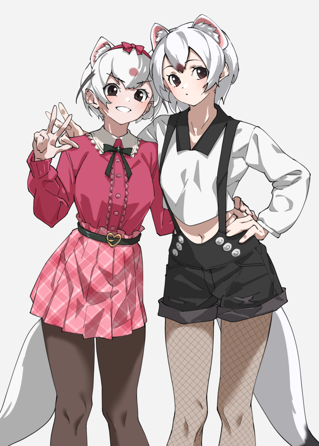 2girls animal_ears arm_around_shoulder arm_around_waist black_bow black_bowtie black_collar black_pantyhose black_shorts bow bowtie brown_eyes brown_hair casual collar commentary extra_ears fishnet_pantyhose fishnets frilled_collar frills hair_between_eyes hair_bow hand_on_own_hip highres kemono_friends kemono_friends_3 least_weasel_(kemono_friends) long_sleeves midriff_peek multiple_girls navel official_alternate_costume pantyhose pink_shirt pink_skirt plaid plaid_skirt pleated_skirt puffy_sleeves shirt short_hair shorts sidelocks skirt stoat_(kemono_friends) stoat_girl suspender_shorts suspenders tail tanabe_(fueisei) v weasel_ears weasel_girl weasel_tail white_collar white_hair white_shirt