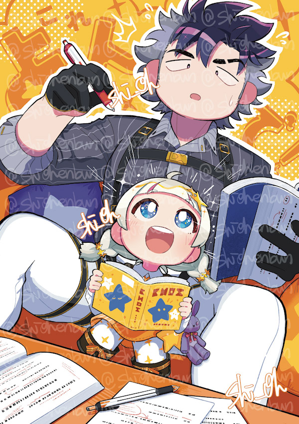 1boy 1girl :o ^^^ a.i._voice ahoge aoyama_ryuusei black_eyes black_gloves black_hair blue_eyes blunt_bangs blush book braid chest_harness child commentary constricted_pupils couch dress_shirt dutch_angle eyebrow_cut flying_sweatdrops gloves grey_hair grey_shirt half_gloves harness holding holding_book holding_pen kizuna_akari kizuna_akari_(moe) looking_at_another looking_down looking_up low_twin_braids multicolored_hair on_couch open_mouth orange_background outline pants pantyhose pen pinstripe_pattern pinstripe_shirt script shi_oh shirt short_hair sitting sitting_between_lap smile sparkle_hair_ornament sparkling_eyes storybook striped sweatdrop text_background thigh_strap twin_braids twitter_username two-tone_hair voiceroid voicevox watermark white_hair white_outline white_pants white_pantyhose