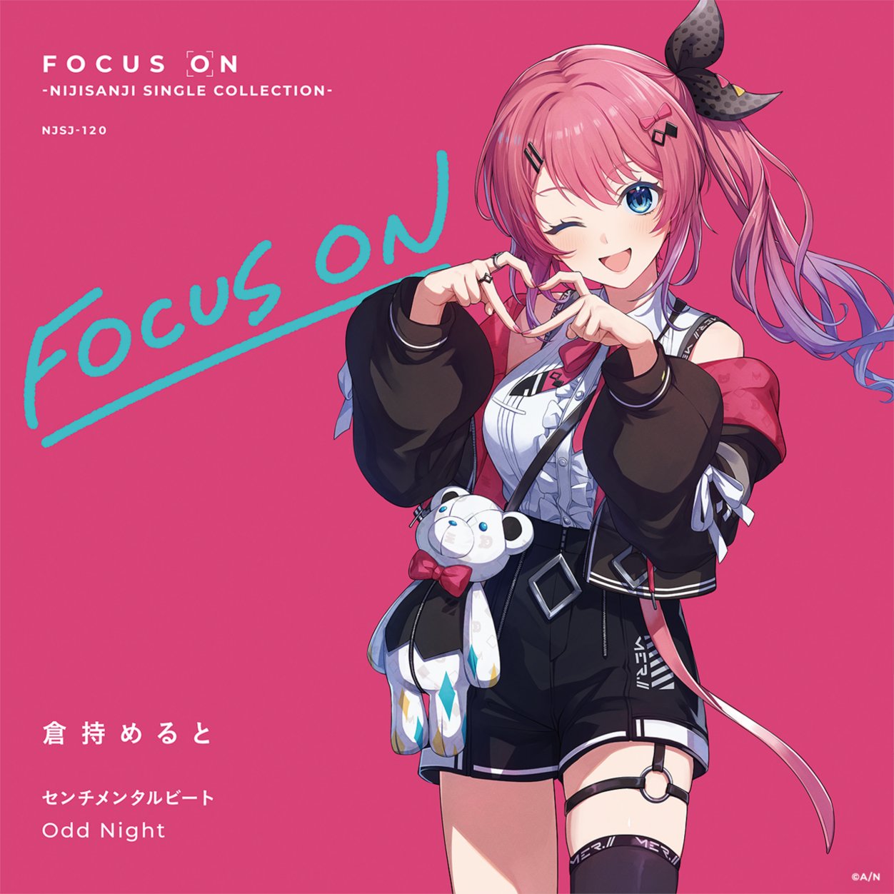 1girl album_cover aoppoi_oto asymmetrical_legwear bare_shoulders black_hair black_jacket black_ribbon black_shorts blue_eyes blush bow bowtie breasts character_name collared_shirt commentary_request cover cowboy_shot english_text frilled_shirt frills gradient_hair hair_between_eyes hair_ornament hair_ribbon hairclip heart heart_hands highres jacket jewelry kuramochi_meruto kuramochi_meruto_(1st_costume) large_breasts long_hair long_sleeves looking_at_viewer multicolored_hair multiple_rings nail_polish nijisanji off_shoulder official_art one_eye_closed open_mouth pink_background pink_bow pink_bowtie pink_hair pink_nails puffy_sleeves purple_hair rene_(kuramochi_meruto) ribbon ring shirt shorts side_ponytail simple_background single_thighhigh skindentation sleeveless sleeveless_shirt smile solo thigh-highs thigh_strap translated virtual_youtuber white_shirt