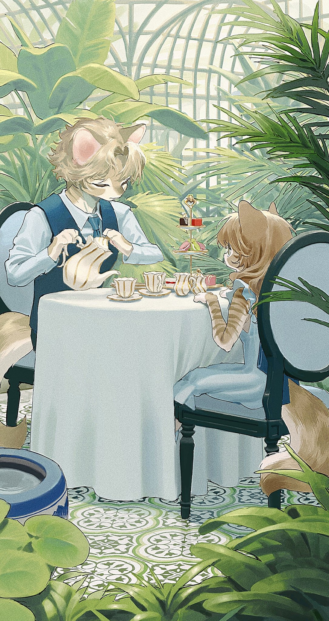 1boy 1girl animal_ears brown_hair cat_ears cat_girl cat_tail chair child closed_eyes collared_shirt cup dress film_grain food formal furry furry_female furry_male greenhouse grey_hair highres long_sleeves macaron mayumochini necktie original plant shirt sleeveless sleeveless_dress table tablecloth tail teacup teapot vest white_shirt