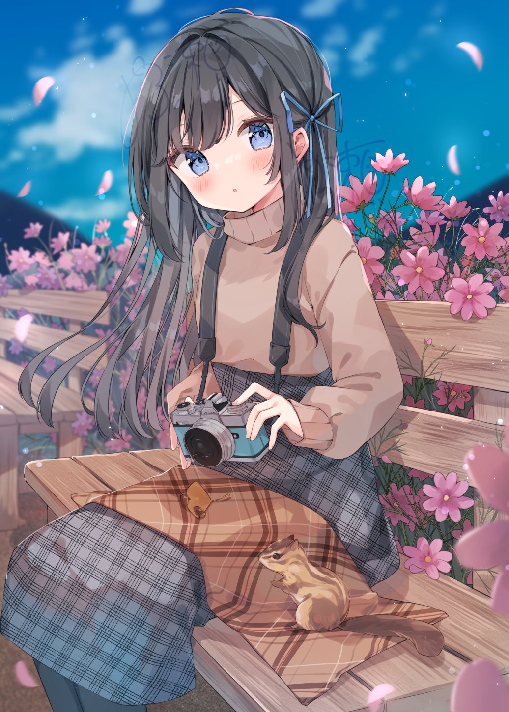 1girl acorn bench black_hair blue_eyes blue_sky blush camera clouds day dress flower ginkgo_leaf heripiro highres holding holding_camera leaf long_hair long_sleeves looking_at_viewer on_bench open_mouth original outdoors petals pink_flower sitting sitting_on_bench sky solo squirrel sweater