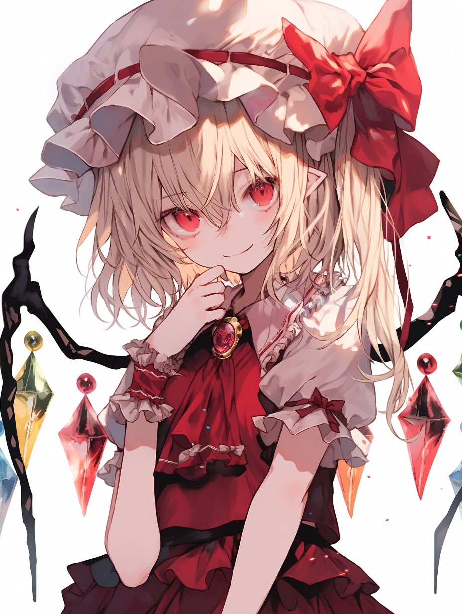 1girl adapted_costume ascot blonde_hair bow brooch closed_mouth collar collared_shirt crystal flandre_scarlet frilled_collar frilled_skirt frills hair_between_eyes hand_to_own_face hat hat_bow highres jewelry looking_at_viewer mob_cap one_side_up pointy_ears puffy_short_sleeves puffy_sleeves red_ascot red_bow red_eyes red_ribbon red_skirt red_vest ribbon shirt short_sleeves skirt smile solo tarte_(hodarake) touhou upper_body vest white_background white_headwear white_shirt wings wrist_cuffs