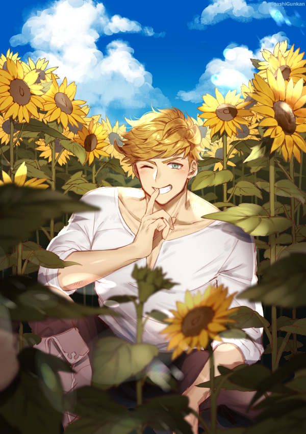 1boy blonde_hair blush boots clouds cloudy_sky collarbone day finger_to_mouth flower granblue_fantasy green_eyes higashigunkan large_pectorals light male_focus muscular muscular_male one_eye_closed outdoors pectorals shirt short_hair shushing sky solo sunflower upper_body vane_(granblue_fantasy) white_background