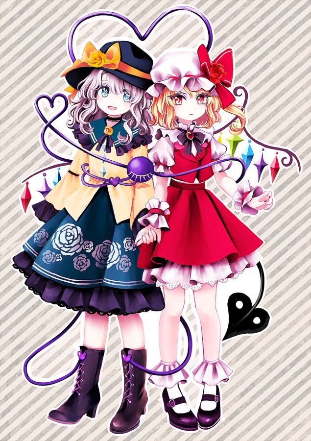 2girls :d :| black_bow black_bowtie black_choker black_footwear black_headwear black_ribbon blonde_hair bobby_socks boots bow bowtie brooch buttons choker closed_mouth collared_shirt commentary cross-laced_footwear crystal diamond_button expressionless flandre_scarlet floral_print flower frilled_shirt_collar frilled_skirt frilled_sleeves frills full_body green_eyes green_skirt grey_hair hand_grab happy hat hat_bow hat_flower heart heart-shaped_pupils heart_of_string high_heel_boots high_heels jewelry komeiji_koishi lace lace_choker long_sleeves medium_hair miy_001 mob_cap multiple_girls neck_ribbon petticoat puffy_short_sleeves puffy_sleeves red_bow red_eyes red_flower red_nails red_rose red_skirt red_vest ribbon rose rose_print shirt shoes short_hair short_sleeves skirt skirt_set sleeve_garter smile socks striped striped_background symbol-shaped_pupils third_eye touhou vest wavy_hair white_shirt white_socks wings wrist_cuffs yellow_bow yellow_flower yellow_rose yellow_shirt