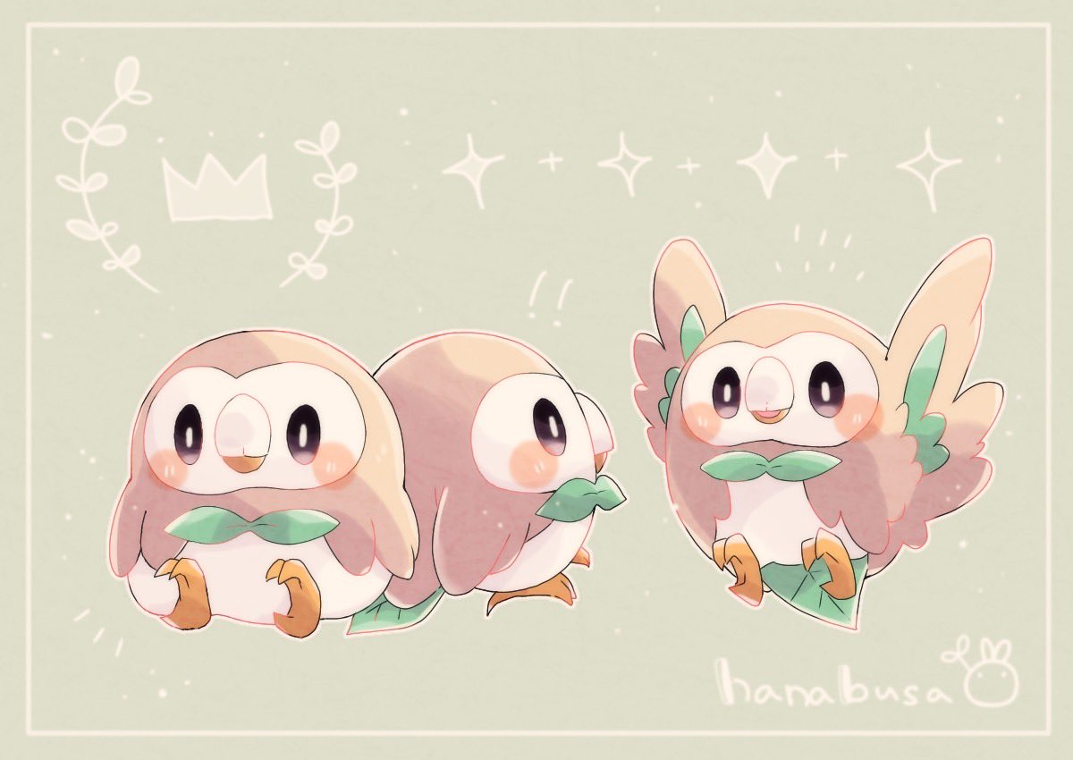 animal_focus artist_name bird border bow bowtie commentary_request crown green_background green_bow green_bowtie hanabusaoekaki no_humans owl pokemon pokemon_(creature) rowlet simple_background solid_oval_eyes sparkle talons white_border wings