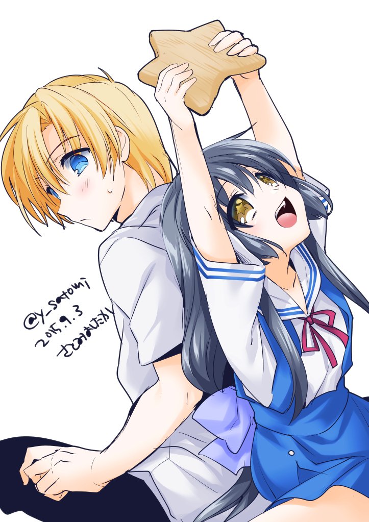 1boy 1girl 2015 :d arm_at_side arms_up back-to-back blonde_hair blue_eyes blue_skirt blush bow clannad closed_mouth commentary_request dated_commentary eyelashes eyes_visible_through_hair frown grey_hair hair_between_eyes hair_bow happy hikarizaka_private_high_school_uniform holding holding_star ibuki_fuuko long_hair looking_at_viewer looking_up low-tied_long_hair neck_ribbon open_mouth purple_bow red_ribbon ribbon sailor_collar satomi_yoshitaka school_uniform shirt short_hair short_sleeves sidelocks simple_background sitting skirt smile star-shaped_pupils star_(symbol) starfish sunohara_youhei suspender_skirt suspenders sweatdrop symbol-shaped_pupils tareme teeth twitter_username upper_teeth_only white_background white_sailor_collar white_shirt yellow_eyes