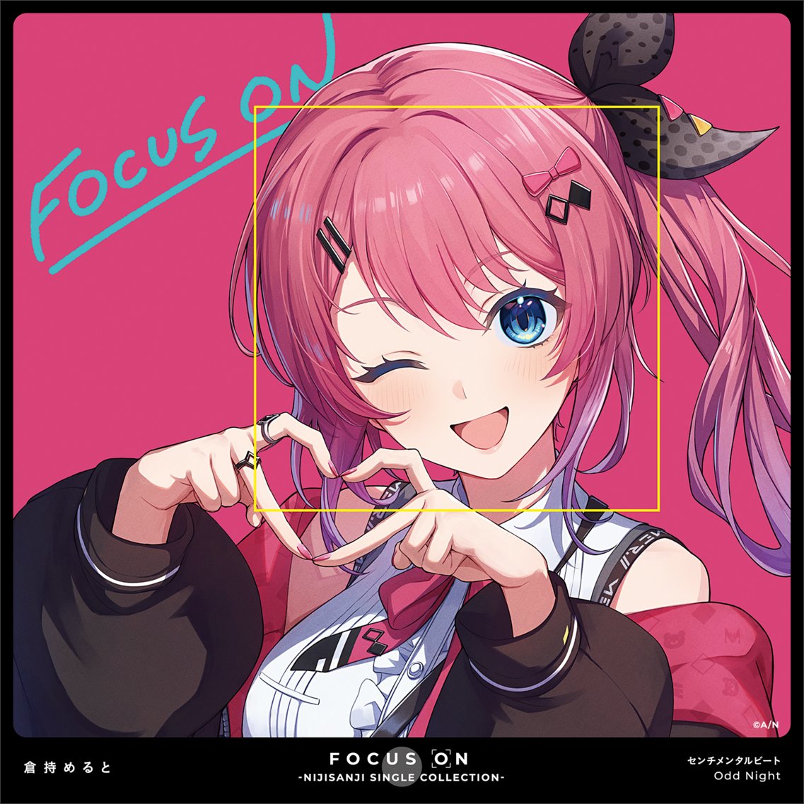 1girl album_cover aoppoi_oto bare_shoulders black_border black_jacket black_ribbon blue_eyes blush border bow bowtie breasts character_name collared_shirt commentary_request cover english_text frilled_shirt frills gradient_hair hair_between_eyes hair_ornament hair_ribbon hairclip heart heart_hands jacket jewelry kuramochi_meruto kuramochi_meruto_(1st_costume) large_breasts long_hair long_sleeves looking_at_viewer multicolored_hair multiple_rings nail_polish nijisanji off_shoulder official_art one_eye_closed open_clothes open_jacket open_mouth pink_background pink_bow pink_bowtie pink_hair pink_nails ponytail puffy_sleeves purple_hair ribbon ring shirt sidelocks simple_background sleeveless sleeveless_shirt smile solo upper_body viewfinder virtual_youtuber white_shirt