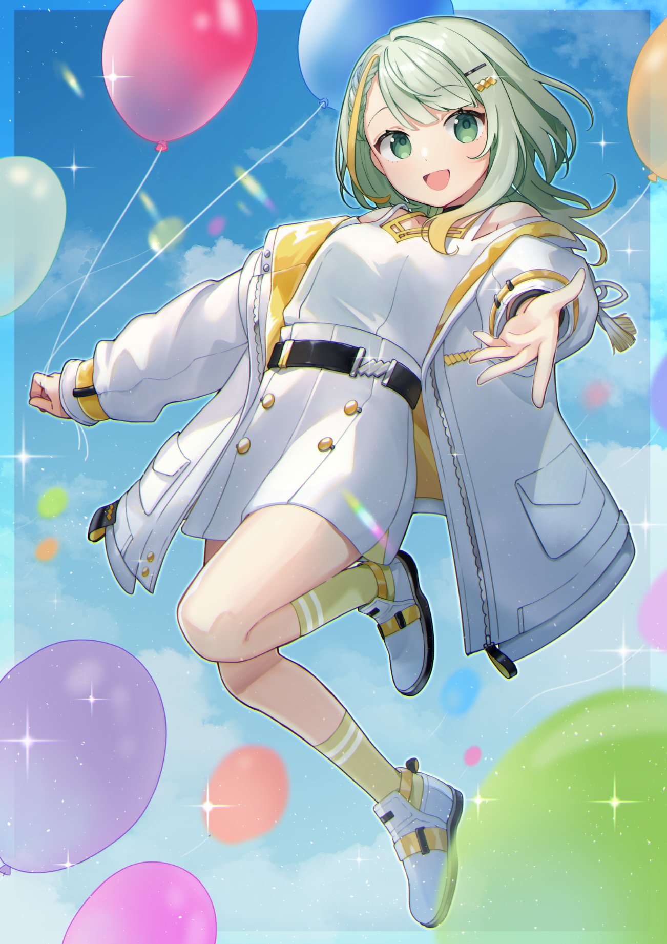 1girl a.i._voice asymmetrical_bangs balloon bare_shoulders beckoning binchou_maguro blonde_hair blue_sky blurry blurry_foreground blush braid braided_bangs clouds cloudy_sky day floating_hair full_body green_hair green_socks high-waist_skirt highres holding holding_balloon jacket long_hair long_sleeves looking_at_viewer midair multicolored_hair off_shoulder open_clothes open_jacket open_mouth outstretched_hand raised_eyebrows reaching reaching_towards_viewer shirt shoes single_hair_intake skirt sky smile socks solo spaghetti_strap sparkle streaked_hair transparent_border tsunose_kotone white_footwear white_jacket white_shirt white_skirt