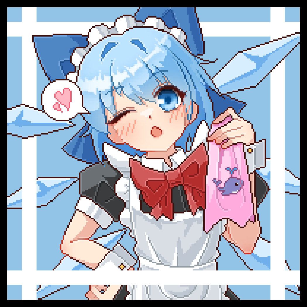 1girl alternate_costume blue_background blue_bow blue_eyes blue_hair bow bowtie cirno commentary eaglov hair_bow heart looking_at_viewer maid maid_headdress one_eye_closed open_mouth pixel_art red_bow red_bowtie short_hair short_sleeves solo spoken_heart touhou upper_body wrist_cuffs