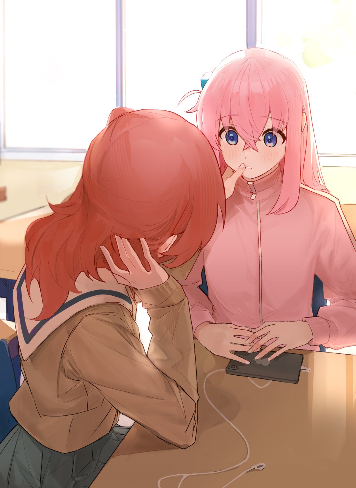 2girls blue_eyes blush bocchi_the_rock! commentary_request cube_hair_ornament desk earphones finger_to_another's_mouth gotoh_hitori h_cho3 hair_ornament highres indoors jacket kita_ikuyo medium_hair multiple_girls one_side_up parted_lips phone pink_hair pink_jacket redhead school school_desk school_uniform shuka_high_school_uniform sitting track_jacket yuri