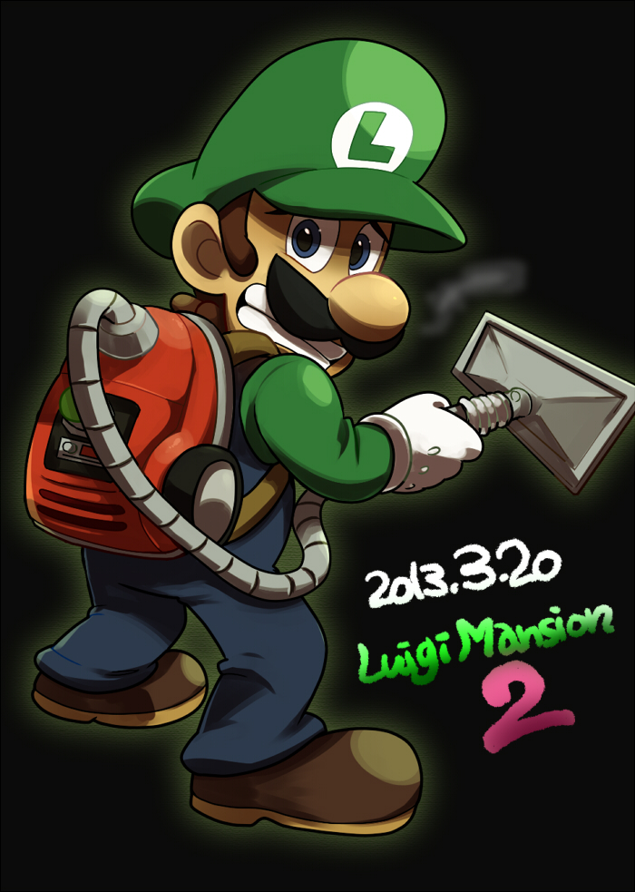 1boy backpack bag black_background blue_eyes blue_overalls blue_pants brown_footwear brown_hair clenched_teeth commentary_request copyright_name dated facial_hair from_behind full_body gloves green_headwear green_shirt hand_up hat holding_vacuum_cleaner kinashi long_sleeves looking_at_viewer luigi luigi's_mansion luigi's_mansion:_dark_moon male_focus mustache overalls pants poltergust_5000 raised_eyebrows scared shirt shoes short_hair simple_background solo standing super_mario_bros. teeth vacuum_cleaner white_gloves