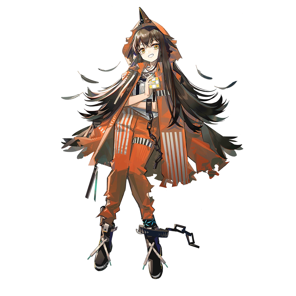 1girl arknights black_footwear brown_hair chain feathers jacket kafka_(arknights) long_hair looking_at_viewer norizc official_art orange_eyes orange_pants oripathy_lesion_(arknights) pants prison_clothes shirt smile solo teeth transparent_background white_shirt