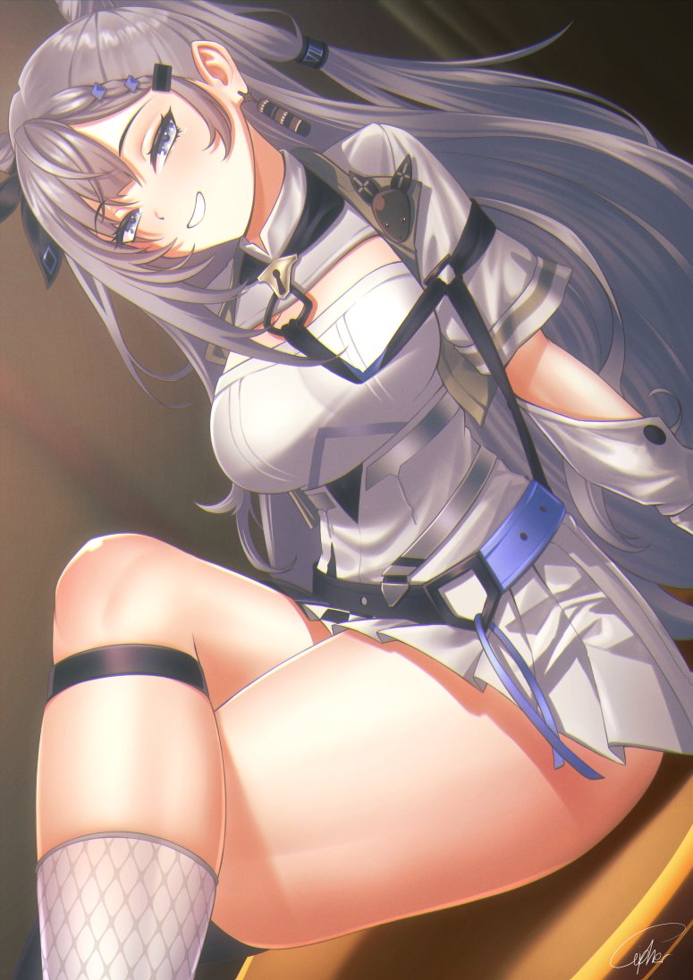 1girl belt blue_eyes cipher4109 crossed_legs detached_sleeves dress dutch_angle grey_hair grin hololive hololive_indonesia knee_strap lock_necklace long_hair on_table short_dress signature sitting smile solo table thick_thighs thighs very_long_hair vestia_zeta vestia_zeta_(1st_costume) virtual_youtuber
