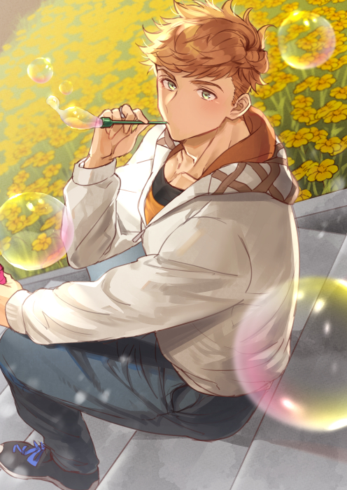 1boy alternate_costume blonde_hair bubble_blowing bubble_pipe casual collarbone floral_background flower full_body gradient_hair granblue_fantasy green_eyes higashigunkan holding hood hood_down hoodie light long_sleeves looking_at_viewer male_focus multicolored_hair open_clothes open_hoodie outdoors pants pectorals shoes short_hair sitting sitting_on_stairs solo stairs toned toned_male vane_(granblue_fantasy) yellow_flower