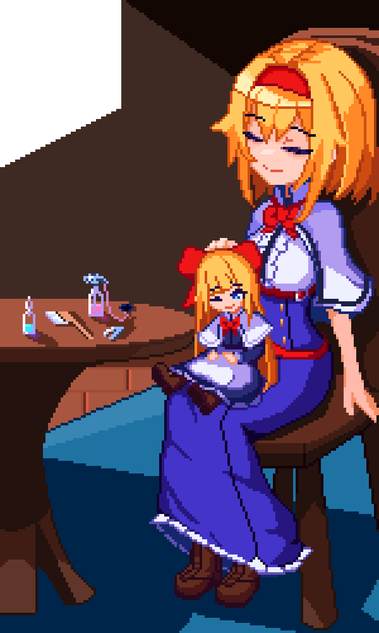 1girl alice_margatroid apron belt blonde_hair blue_dress blue_eyes boots bow bowtie breasts brodall_pixel brown_footwear buttons capelet chair closed_eyes dress frilled_dress frills full_body hair_between_eyes hairband hand_on_another's_head highres long_hair pixel_art red_belt red_bow red_bowtie red_hairband shanghai_doll short_hair sitting sitting_on_person smile solo table touhou waist_apron white_apron white_capelet