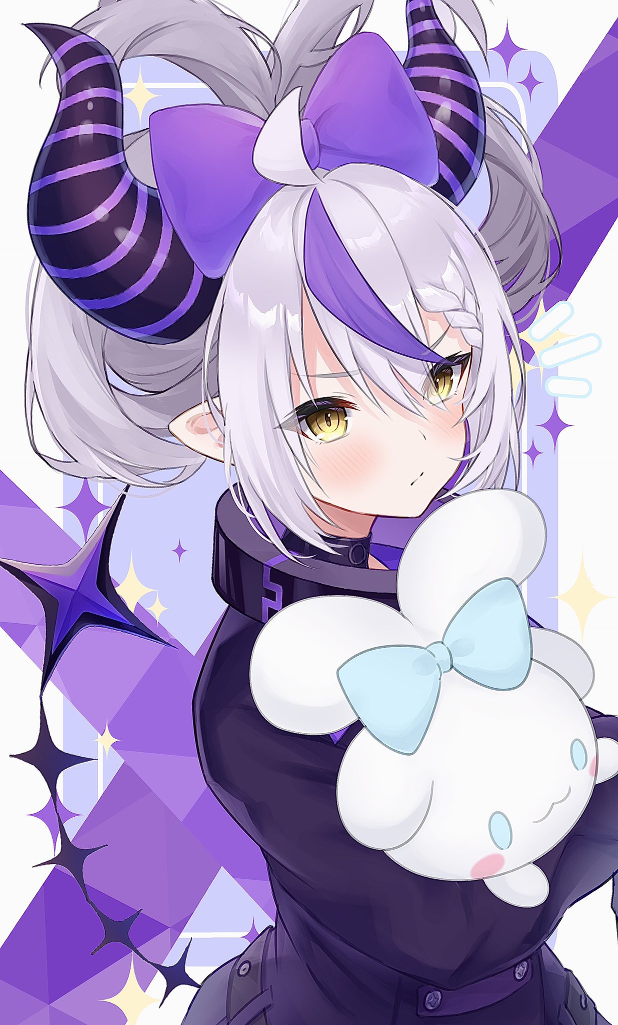 1girl ahoge alternate_hairstyle black_horns blush bow braid braided_bangs cinnamoroll collar hair_bow haru_(re_ilust) highres hololive horns hugging_object la+_darknesss la+_darknesss_(1st_costume) looking_at_viewer metal_collar multicolored_hair pointy_ears purple_bow purple_hair sleeves_past_fingers sleeves_past_wrists solo streaked_hair striped_horns tail virtual_youtuber