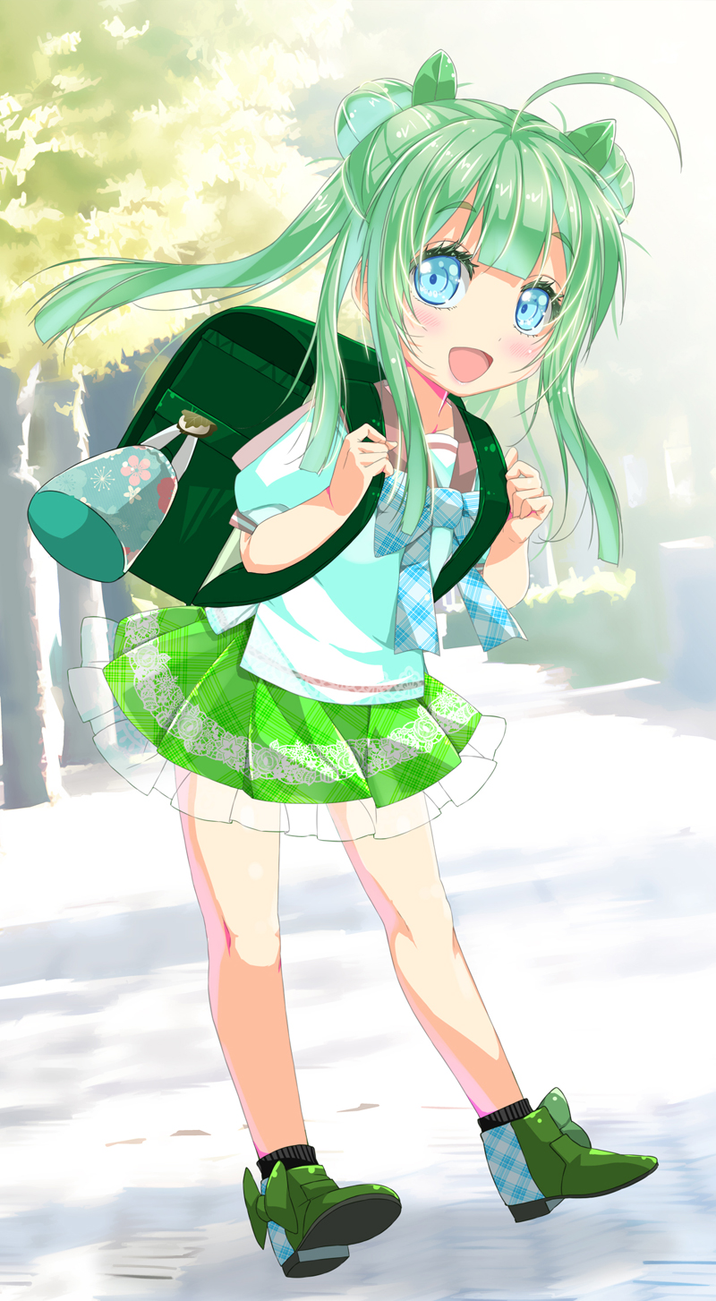 1girl :d ahoge backpack bag black_socks blue_eyes blush brown_sailor_collar cafe-chan_to_break_time character_request commentary_request day double_bun frilled_skirt frills green_footwear green_hair green_skirt hair_bun hands_up highres long_hair looking_at_viewer outdoors pleated_skirt ponytail porurin puffy_short_sleeves puffy_sleeves randoseru sailor_collar shirt shoes short_sleeves sidelocks skirt smile socks solo tree very_long_hair white_shirt