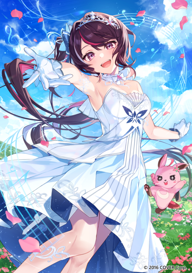 1girl armpits azki_(hololive) blush breasts brown_hair colored_inner_hair dress gloves hairband hololive medium_breasts multicolored_hair open_mouth pink_hair pioneer_(azki) pisuke_wan red_eyes solo tongue virtual_youtuber white_dress white_gloves white_hair