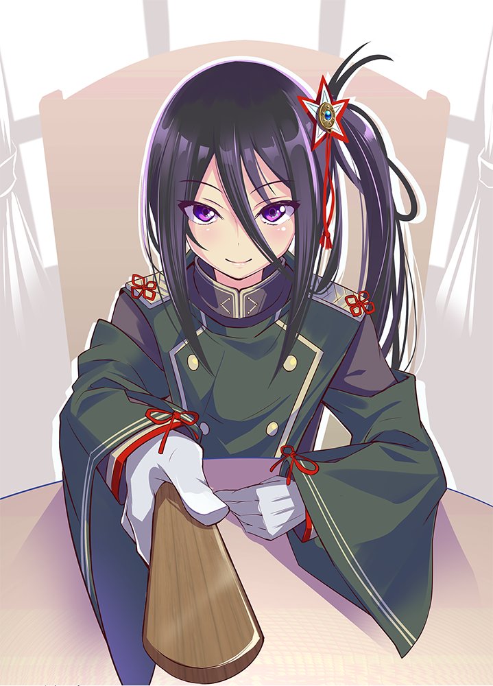 1girl arm_cutout black_hair buttons closed_mouth commentary_request double-breasted gloves green_jacket hair_ornament hand_on_table holding holding_stick jacket kurukuru_(p!) long_hair long_sleeves looking_at_viewer military_uniform on_chair shichiseiken_(tenka_hyakken) shoulder_boards side_ponytail smile solo star_(symbol) star_hair_ornament stick tenka_hyakken uniform upper_body violet_eyes white_gloves wide_sleeves