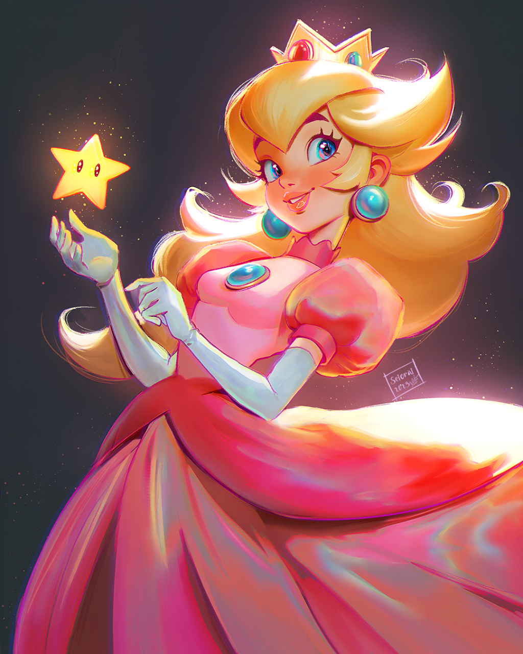 1girl blonde_hair blue_eyes breasts brooch cropped_feet crown dress earrings elbow_gloves from_side gloves highres jewelry light_particles long_hair parted_lips pink_dress princess_peach puffy_sleeves seiorai shine simple_background small_breasts smile solo super_mario_bros. super_star_(mario) white_gloves