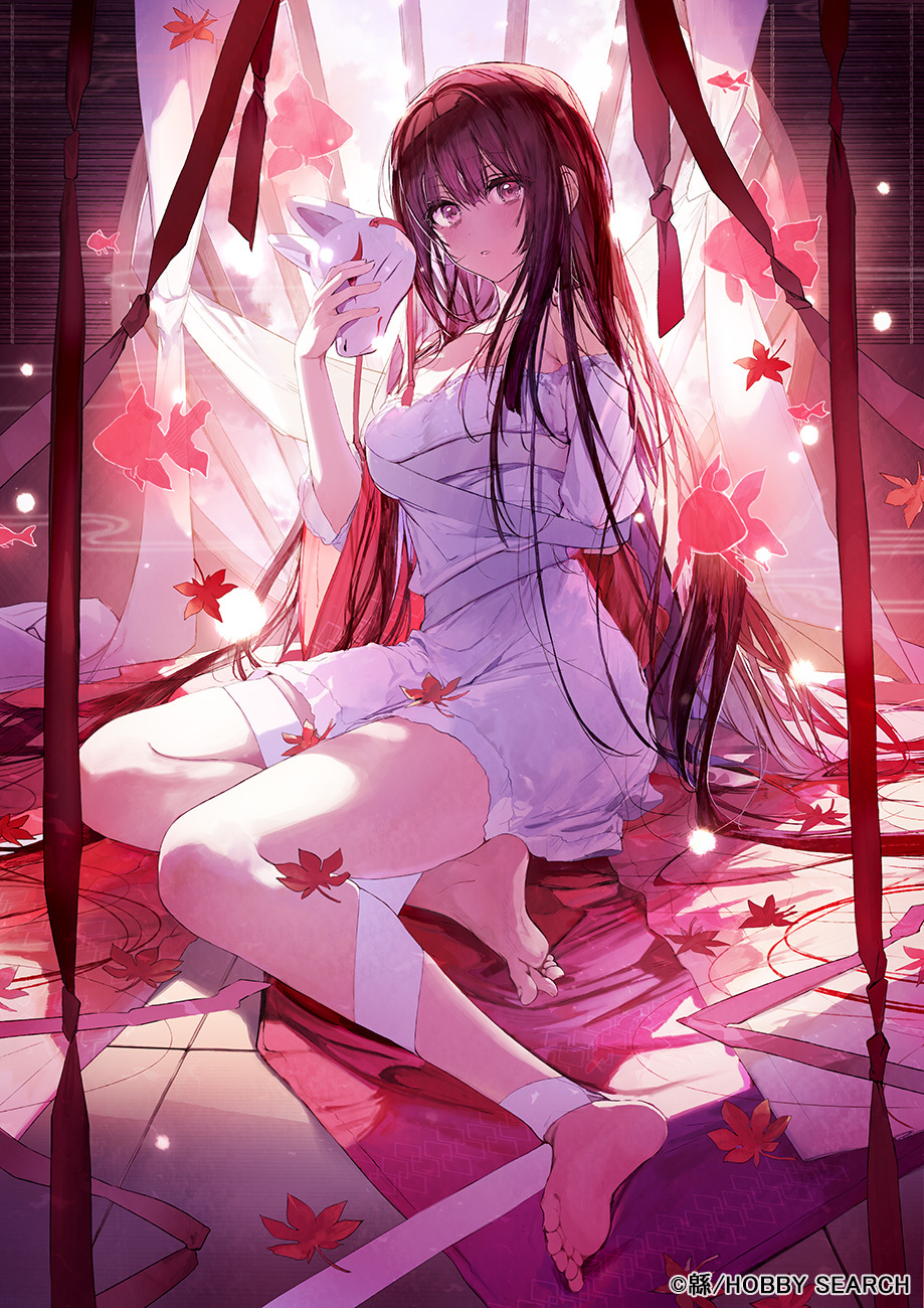 barefoot copyright_request dress fox_mask highres leaf looking_at_viewer maple_leaf mask open_mouth parted_lips red_eyes redhead unworn_mask wata_(attaka_towel) white_dress wrapped_up
