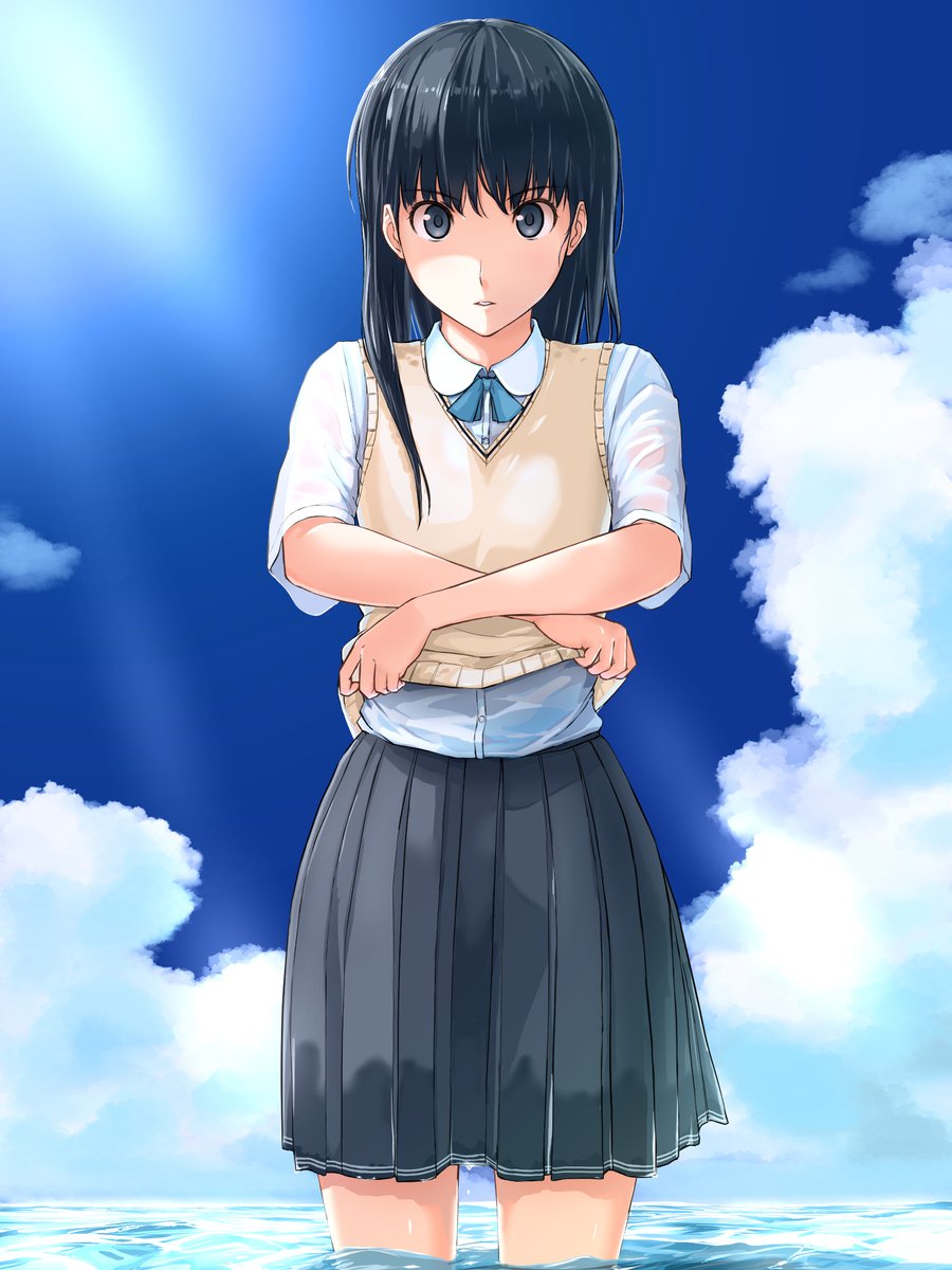1girl amagami black_eyes black_hair blue_ribbon collared_shirt day grey_skirt highres kibito_high_school_uniform long_hair looking_at_viewer neck_ribbon parted_lips partially_submerged pleated_skirt ribbon school_uniform shirt skirt sky solo standing straight_hair sweater_vest takenoko_saba_otto undressing water wet wet_clothes white_shirt yellow_sweater_vest