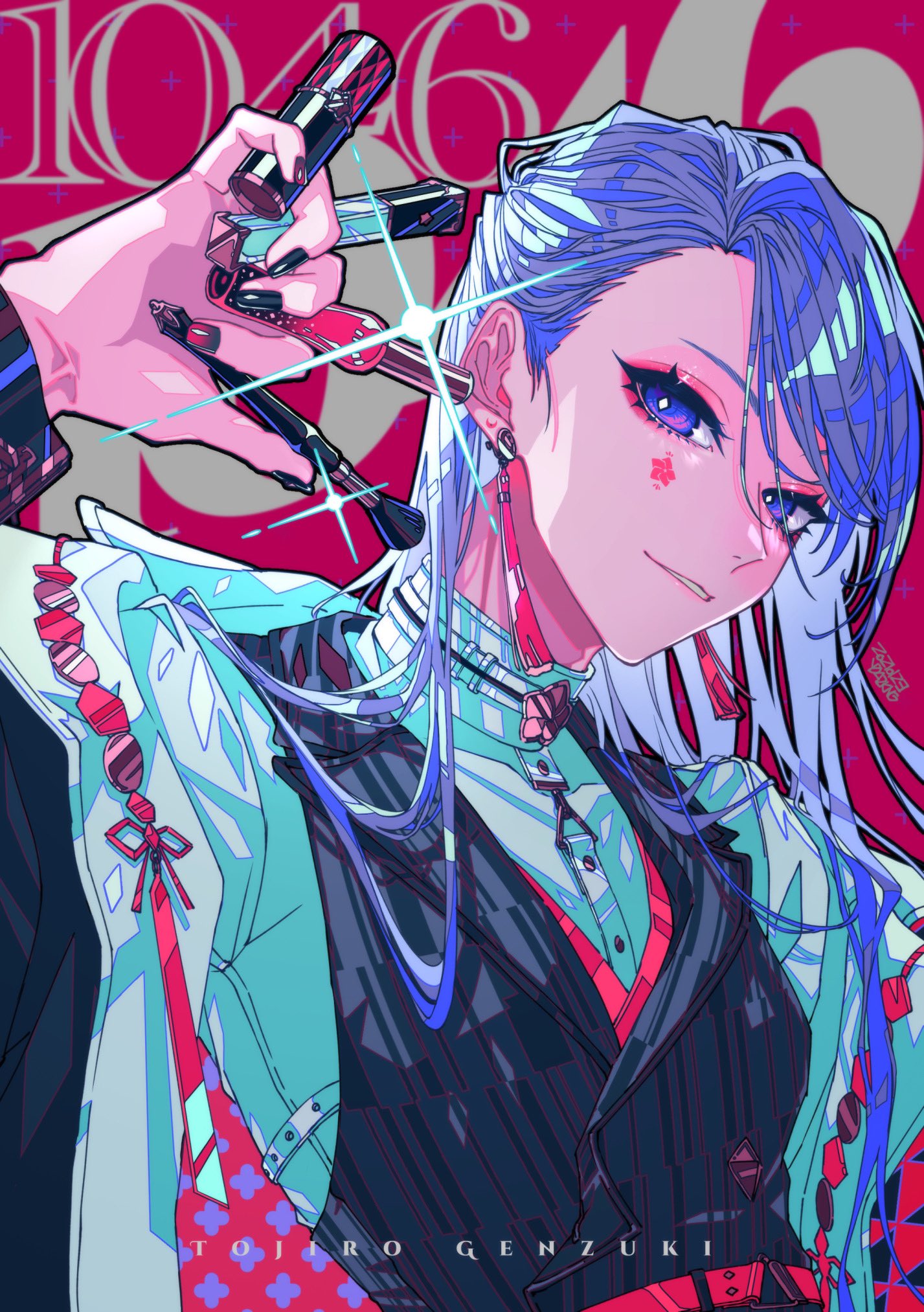 1boy belt between_fingers black_jacket black_nails black_vest character_name collar cosmetics diffraction_spikes earrings eyeshadow facial_mark genzuki_toujirou gradient_nails hair_behind_ear hand_up highres holding holding_brush holding_lipstick_tube jacket jewelry leash lipstick_tube long_hair long_sleeves looking_at_viewer makeup makeup_brush male_focus nail_polish nail_polish_bottle nijisanji off_shoulder open_clothes open_jacket parted_lips patterned_clothing pink_belt pink_eyeshadow pink_nails purple_hair red_background shirt smile solo star_(symbol) star_facial_mark swept_bangs tassel tassel_earrings text_background two-sided_fabric two-sided_jacket upper_body vest violet_eyes virtual_youtuber white_collar white_shirt yudeazu_king