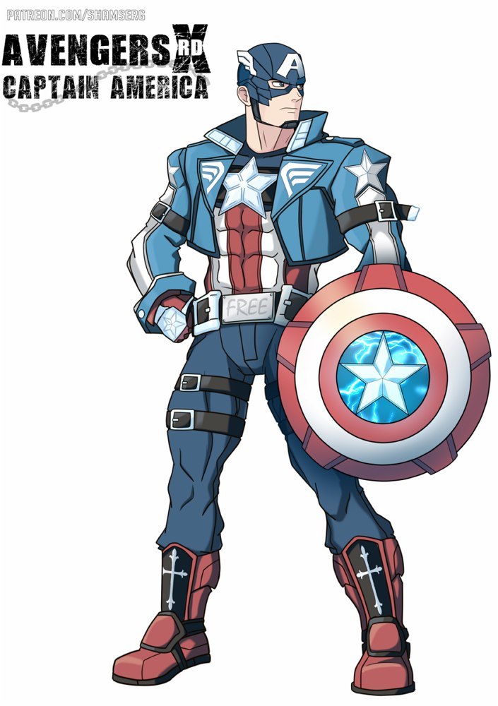 1boy abs animification arm_belt artist_name avengers_(series) belt blue_eyes blue_jacket blue_pants boots captain_america character_name closed_mouth collared_jacket copyright_name crossover english_text gloves guilty_gear guilty_gear_xrd hand_on_own_hip helmet holding holding_shield jacket leg_belt looking_to_the_side male_focus marvel muscular open_clothes open_jacket pants popped_collar red_footwear redesign shamserg shield solo star_(symbol) superhero white_background winged_helmet