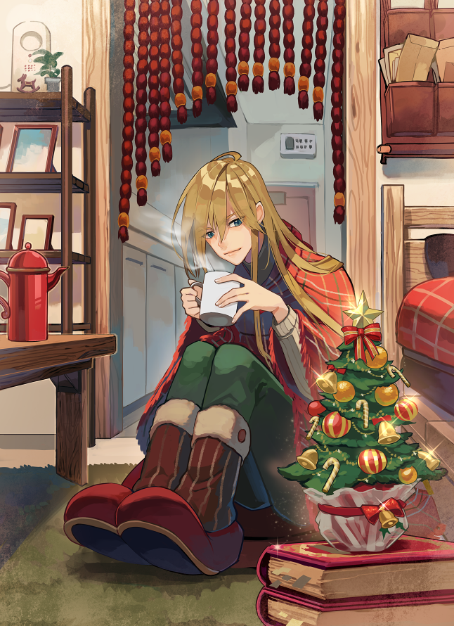 1boy apartment aqua_eyes bead_curtain bed bell blonde_hair book book_stack christmas christmas_ornaments christmas_tree cup fringe_trim full_body fur-trimmed_legwear fur_trim green_pants hair_between_eyes holding holding_cup indoors kettle knees_up long_hair looking_at_viewer male_focus mug on_floor original pants picture_(object) picture_frame plant poncho potted_plant red_footwear red_poncho red_socks rug sennohajime shelf sitting slippers smile socks solo sparkle steam striped striped_socks sweater table turtleneck turtleneck_sweater white_sweater wooden_table