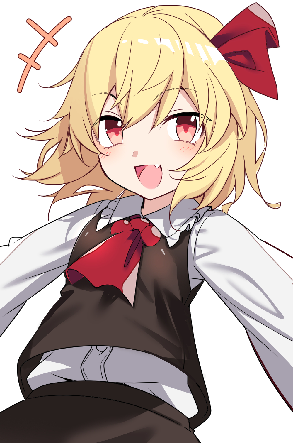 1girl :d ascot blonde_hair commentary_request e.o. fang hair_ribbon highres long_sleeves looking_at_viewer open_mouth red_ascot red_eyes red_ribbon ribbon rumia shirt short_hair simple_background skin_fang smile solo touhou white_background white_shirt