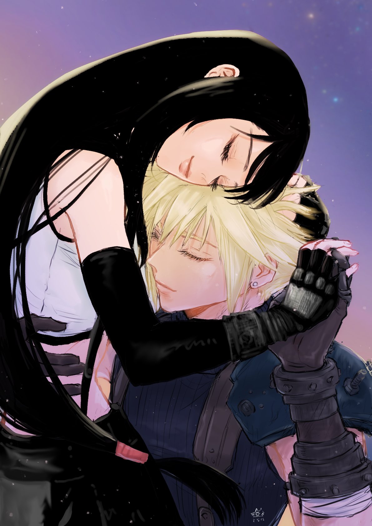 1boy 1girl armor bare_shoulders black_gloves black_skirt blonde_hair blue_sweater closed_eyes closed_mouth cloud_strife commentary_request couple crop_top earrings elbow_gloves eyelashes final_fantasy final_fantasy_vii final_fantasy_vii_remake fingerless_gloves gloves hand_on_another's_head heads_together highres holding_hands hug interlocked_fingers jewelry light_particles lips long_hair low-tied_long_hair midriff ninnin5tora pink_lips shoulder_armor single_earring single_sidelock skirt sleeveless sleeveless_turtleneck smile spiky_hair stud_earrings suspender_skirt suspenders sweater swept_bangs tank_top tifa_lockhart turtleneck turtleneck_sweater upper_body very_long_hair white_tank_top