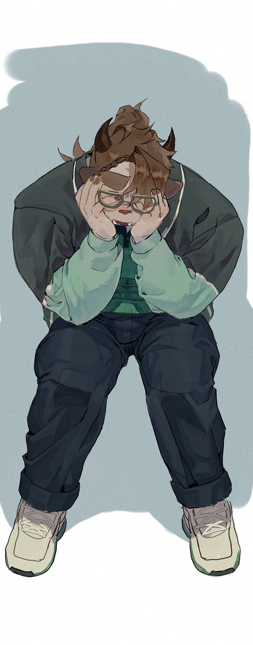 1boy animal_ears braid brown_fur brown_hair brown_horns catoblepas_(housamo) covering_face crown_braid denim full_body furry furry_male gao_(gao_53937056) glasses green_jacket green_shirt hand_on_own_face high_ponytail highres horns huge_eyebrows hunched_over jacket jeans long_hair male_focus muscular muscular_male open_clothes open_jacket open_mouth pants shirt shoes simple_background sitting sneakers solo swept_bangs tokyo_afterschool_summoners white_background white_footwear
