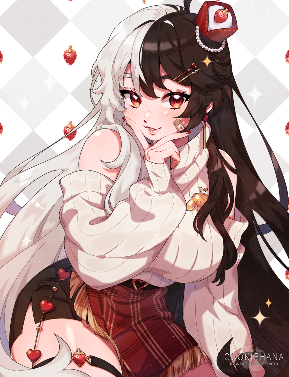 1girl black_hair blush breasts commission cookie_hana detached_sleeves grey_hair hair_ornament hairclip highres large_breasts lips long_hair looking_at_viewer multicolored_hair original parted_lips red_eyes red_nails smile solo