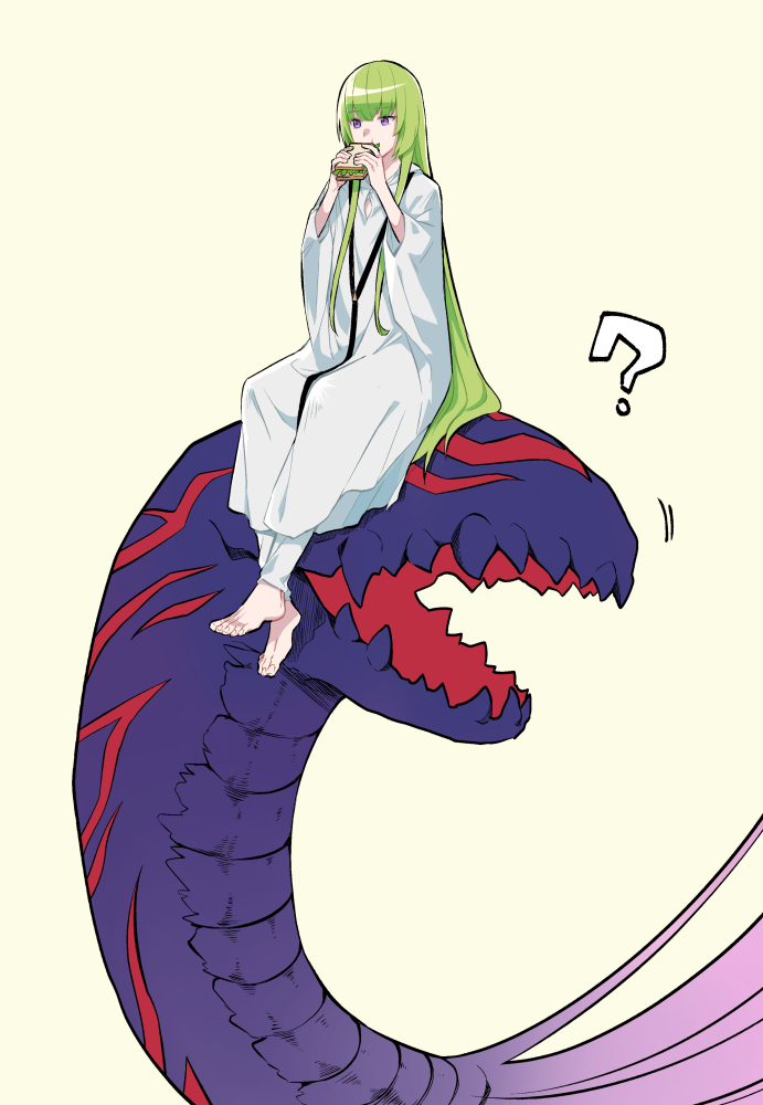 1other ? barefoot covered_mouth enkidu_(fate) fate/grand_order fate_(series) food gorgon_(fate) green_hair hands_up holding holding_food jewelry kingu_(fate) long_hair long_sleeves looking_afar medusa_(fate) necklace nuso out_of_frame purple_hair robe sandwich simple_background sitting snake_hair very_long_hair violet_eyes white_robe yellow_background