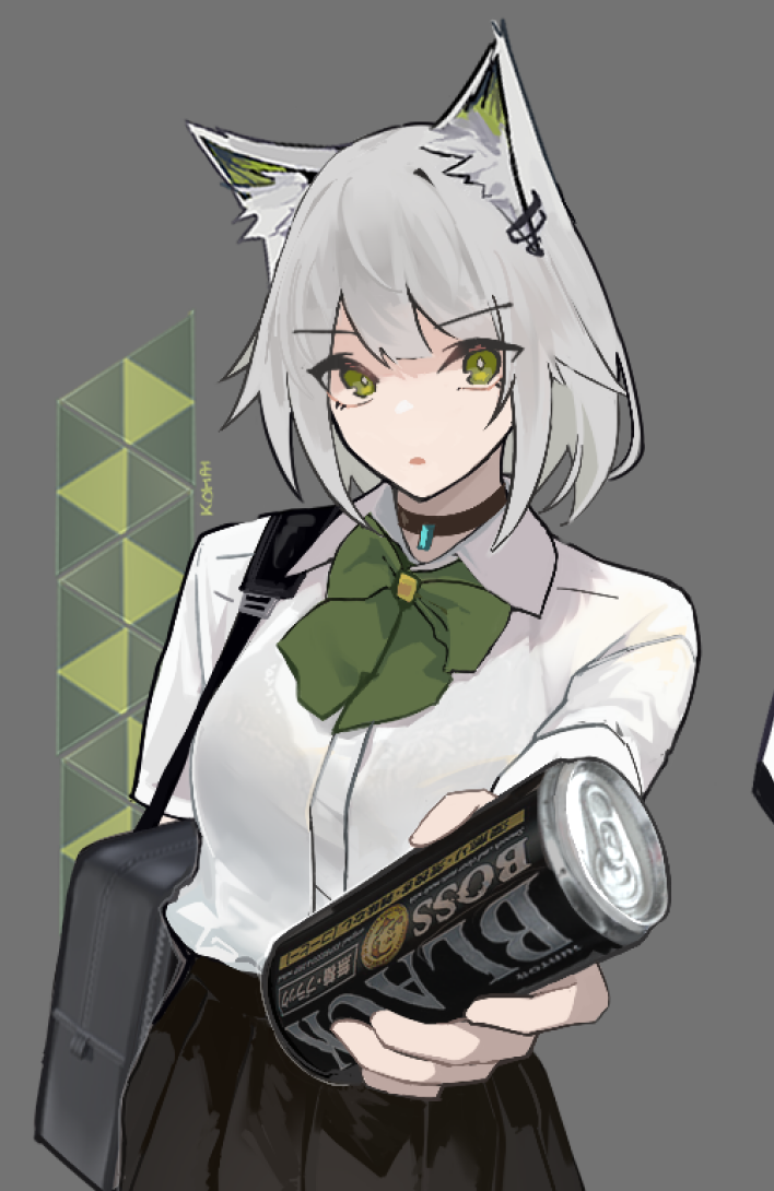 1girl :o alternate_costume animal_ear_fluff animal_ears arknights bag black_bag black_choker black_skirt bow bowtie breasts can cat_ears cat_girl choker collared_shirt commentary cowboy_shot dress_shirt green_bow green_bowtie green_eyes grey_background holding holding_can kal'tsit_(arknights) looking_at_viewer medium_breasts nuggetkouhai open_mouth pleated_skirt school_bag school_uniform shirt short_hair short_sleeves shoulder_bag skirt solo white_hair