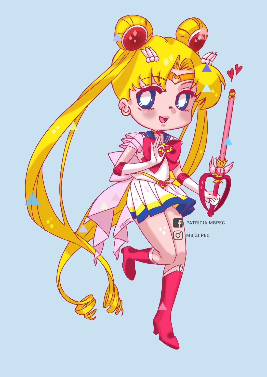 1girl artist_name back_bow bishoujo_senshi_sailor_moon blonde_hair blue_background blue_eyes blue_sailor_collar boots bow bowtie chibi commentary double_bun facebook_logo hair_bun highres holding holding_wand instagram_logo knee_boots long_hair looking_at_viewer open_mouth patricia_mbpec pink_bow pink_bowtie pleated_skirt red_footwear sailor_collar sailor_moon sailor_senshi_uniform simple_background skirt solo spanish_commentary tiara tsukino_usagi twintails wand