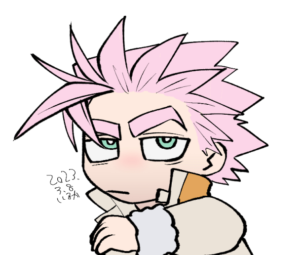 1boy bored chibi dated deruha_(this_communication) huge_eyebrows looking_at_viewer male_focus pink_hair raised_eyebrow short_hair solo spiky_hair this_communication umedairuka upper_body