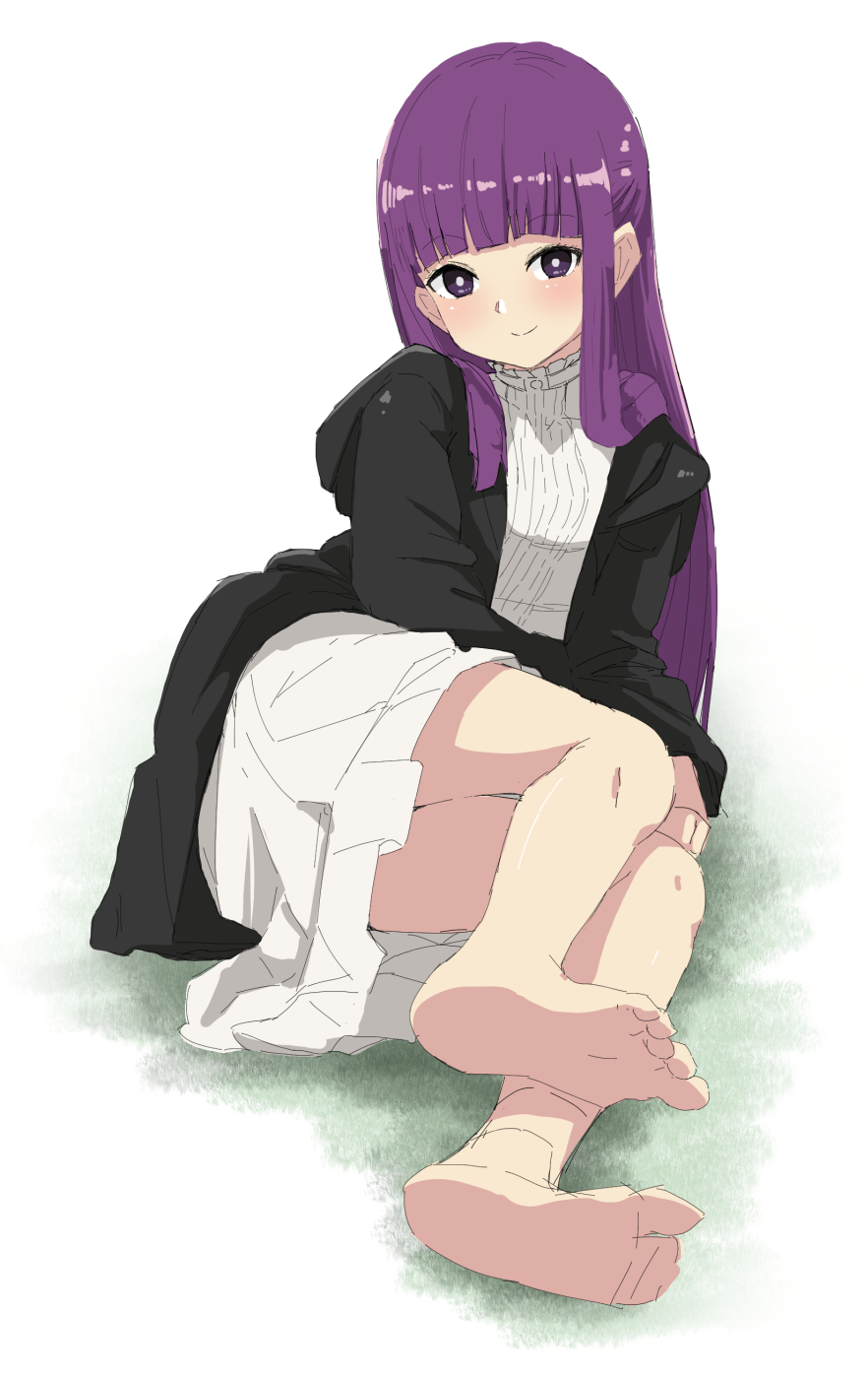 1girl black_robe blunt_bangs bright_pupils closed_mouth commentary_request feet fern_(sousou_no_frieren) full_body highres legs_together long_hair looking_at_viewer making-of_available noa_(nagareboshi) purple_hair robe simple_background sitting sketch smile soles solo sousou_no_frieren turtleneck violet_eyes white_background white_pupils