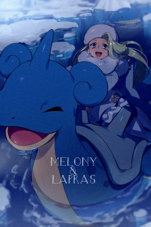 1girl blue_eyes character_name commentary_request earrings echo_(circa) english_text grey_hair hat jewelry lapras long_hair long_sleeves looking_at_viewer melony_(pokemon) pokemon pokemon_(creature) pokemon_(game) pokemon_swsh riding riding_pokemon scarf smile sweater wailmer water white_headwear white_scarf white_sweater