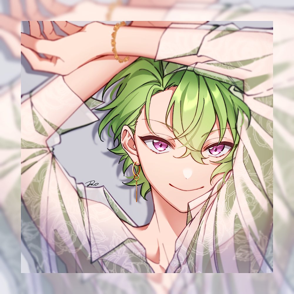 1boy blurry_border bracelet closed_mouth dangle_earrings earrings ensemble_stars! floral_print floral_print_shirt green_hair green_shirt grey_background jewelry looking_at_viewer male_focus mcopoon see-through see-through_shirt shirt short_hair signature smile solo tomoe_hiyori violet_eyes