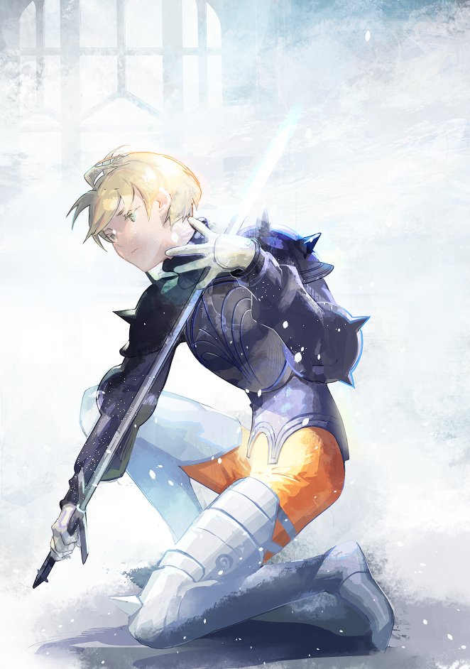 1boy ahoge armor blonde_hair closed_mouth cofffee final_fantasy final_fantasy_tactics full_body gloves holding holding_sword holding_weapon male_focus ramza_beoulve revision short_hair solo sword weapon yellow_eyes