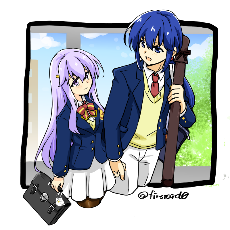 1boy 1girl alternate_costume bag blazer blue_eyes blue_hair brother_and_sister circlet contemporary feh_(fire_emblem_heroes) fire_emblem fire_emblem:_genealogy_of_the_holy_war holding holding_bag holding_hands jacket julia_(fire_emblem) long_hair looking_at_another necktie open_clothes open_jacket pantyhose ponytail purple_hair ribbon school_uniform seliph_(fire_emblem) shirt siblings skirt violet_eyes yukia_(firstaid0)