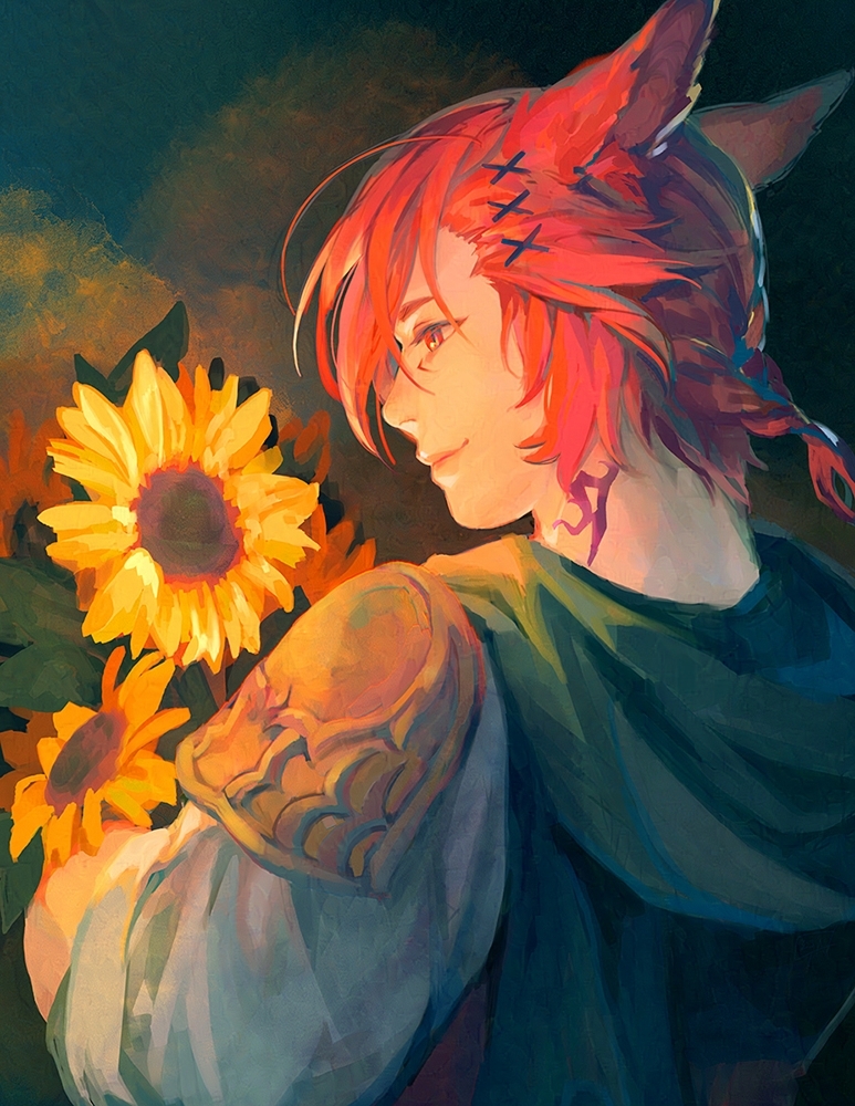 1boy animal_ears arm_guards black_scarf braid braided_ponytail cassandra_(avocasso) cat_ears commentary english_commentary facial_mark final_fantasy final_fantasy_xiv flower from_behind g'raha_tia hair_ornament holding holding_flower looking_at_object male_focus miqo'te neck_tattoo red_eyes redhead scarf shirt short_hair short_ponytail single_braid slit_pupils smile solo sunflower tattoo upper_body white_shirt x_hair_ornament