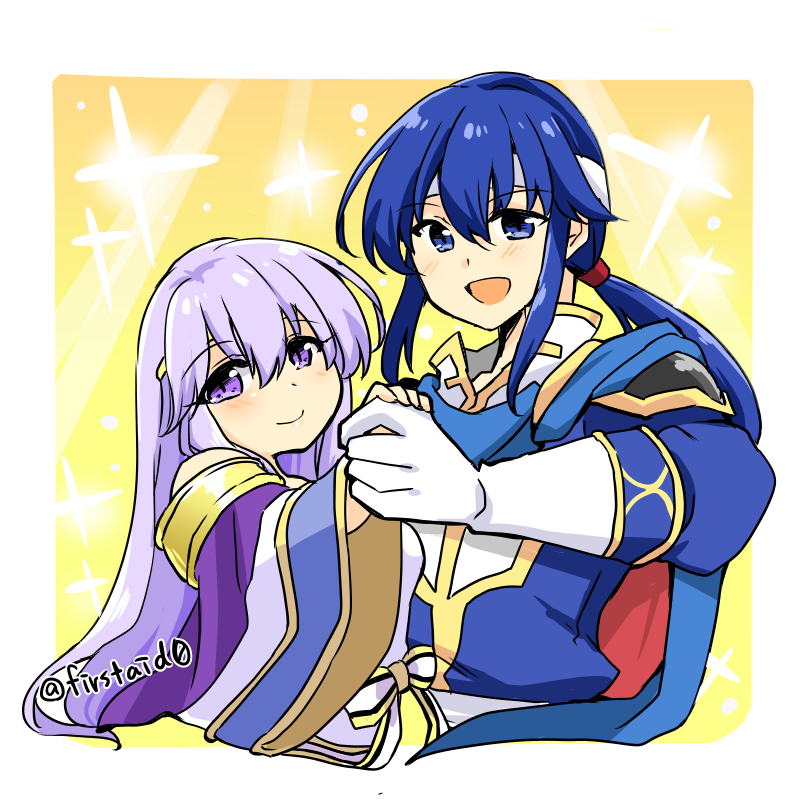 1boy 1girl brother_and_sister cape circlet dress fire_emblem fire_emblem:_genealogy_of_the_holy_war headband holding_hands julia_(fire_emblem) long_hair looking_at_viewer open_mouth ponytail purple_hair seliph_(fire_emblem) siblings simple_background smile violet_eyes white_headband yukia_(firstaid0)