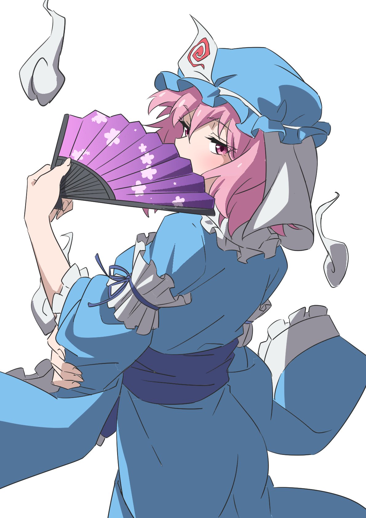 1girl blue_headwear blue_kimono frilled_headwear frilled_sleeves frilled_straps frills gyouza_(mhea5724) hand_fan highres holding holding_fan japanese_clothes kimono looking_at_viewer looking_back pink_hair saigyouji_yuyuko solo touhou triangular_headpiece white_background