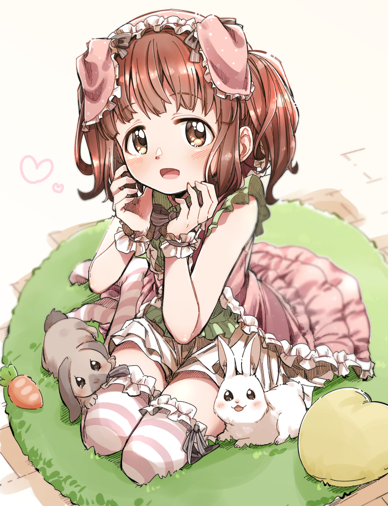 1girl :d animal brown_eyes brown_hair commentary_request dress frilled_dress frilled_hairband frilled_thighhighs frills full_body hairband hands_up heart heart_pillow idolmaster idolmaster_cinderella_girls looking_at_viewer ogata_chieri pillow pink_dress pink_hairband rabbit smile solo striped striped_thighhighs thigh-highs twintails white_background wrist_cuffs yukie_(kusaka_shi)