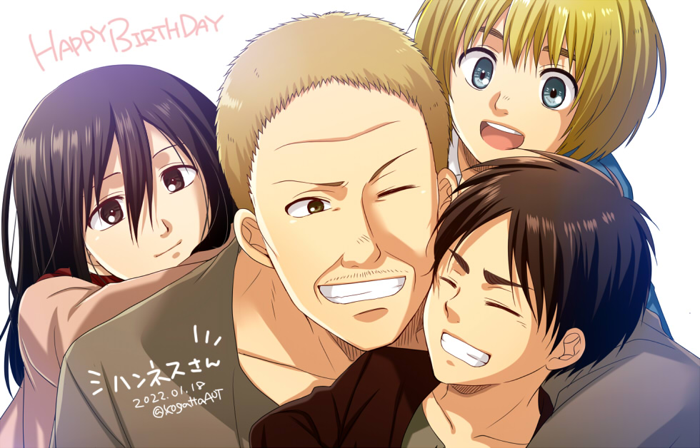 1girl 3boys affectionate age_difference armin_arlert black_hair blonde_hair blue_eyes brown_hair child eren_yeager grin hannes_(shingeki_no_kyojin) happy_birthday heads_together kogattaaot long_sleeves looking_at_another mikasa_ackerman multiple_boys mustache_stubble open_mouth shingeki_no_kyojin smile thick_eyebrows translation_request wrinkled_skin