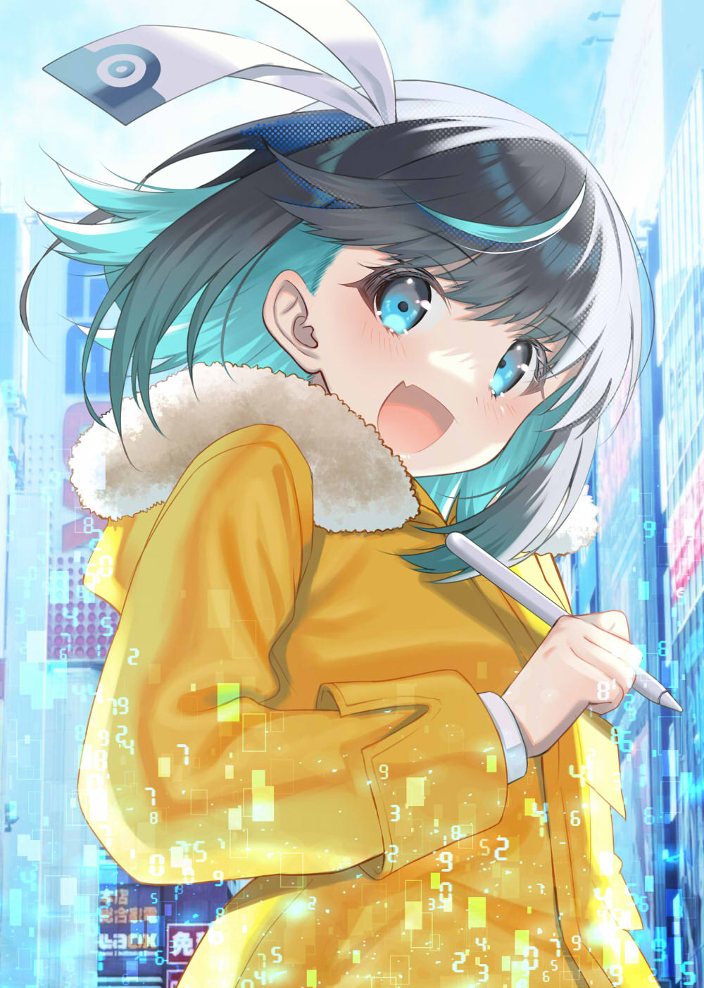 16bit_sensation 1girl :d akisato_konoha black_hair blue_eyes blue_hair blush commentary_request fang fur-trimmed_hood fur_trim highres holding holding_stylus hood hood_down hooded_jacket jacket looking_at_viewer looking_to_the_side minatoasu multicolored_hair smile solo stylus two-tone_hair upper_body yellow_jacket
