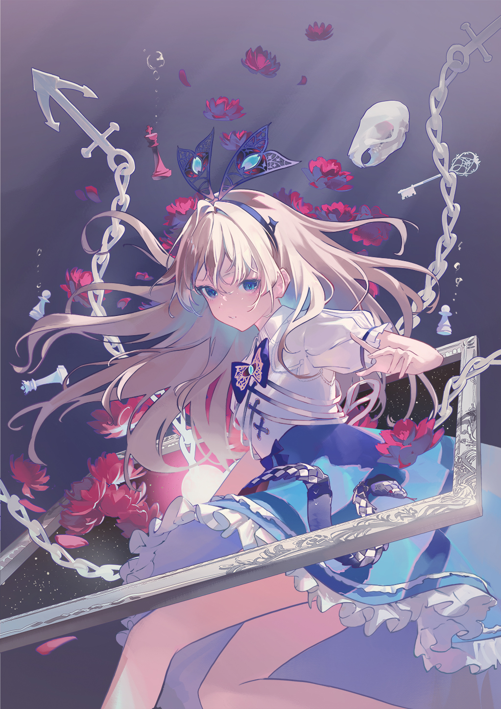 1girl alice_(alice_in_wonderland) alice_in_wonderland anchor animal_skull blonde_hair blue_bow blue_bowtie blue_eyes blue_hairband blue_skirt bow bowtie bubble chain chess_piece flower frilled_skirt frills hairband highres key king_(chess) pawn_(chess) picture_frame queen_(chess) red_flower shirt short_sleeves skirt snake solo wakuseiy white_shirt